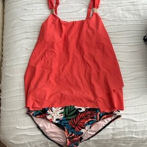 Red Tankini with Tropical Print Bottoms